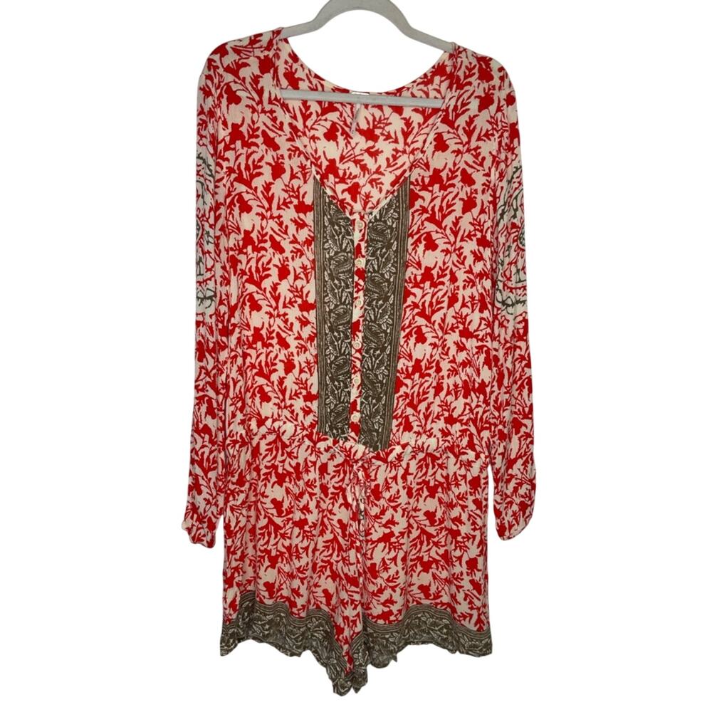 Free People Red & Cream Long-Sleeve Floral Romper M - Picture 2 of 9